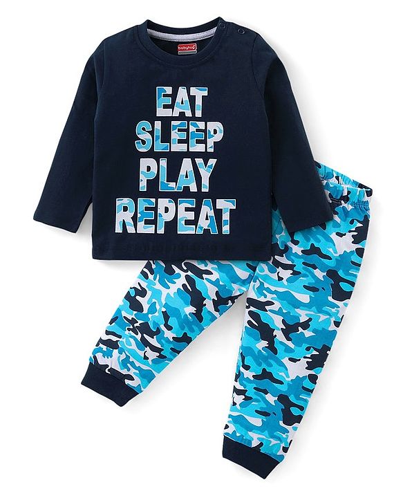 Babyhug Cotton Knit Full Sleeves Night Suit Text & Camo Print - Navy Blue