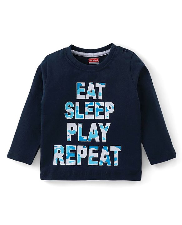 Babyhug Cotton Knit Full Sleeves Night Suit Text & Camo Print - Navy Blue