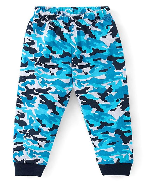 Babyhug Cotton Knit Full Sleeves Night Suit Text & Camo Print - Navy Blue