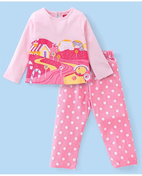 Babyhug Cotton Knit Full Sleeves Lollipop & Polka Dots Printed Night Suit - Pink