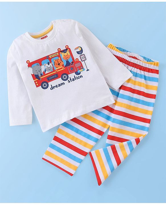 Babyhug Cotton Knit Full Sleeves Striped & Wild Animals Printed Night Suit - Multicolour
