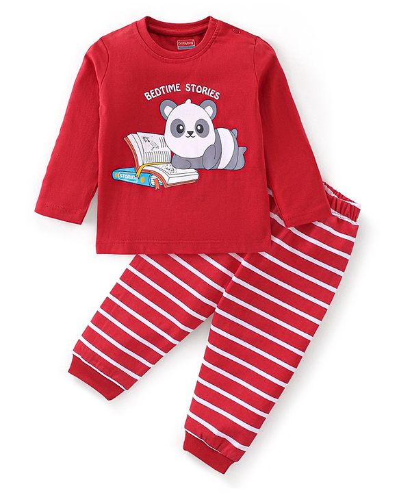 Babyhug Cotton Knit Full Sleeves Panda Printed Night Suit - Red