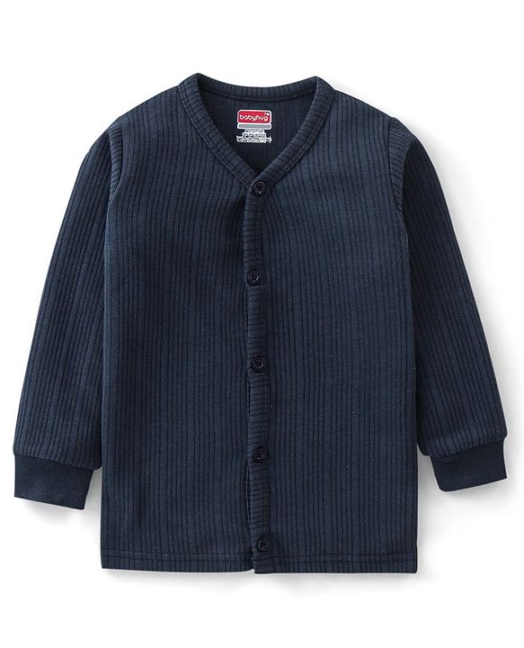 Babyhug Cotton Blend Full Sleeves Front Open Solid Color Thermal Wear Pack Of 2 - Blue & Navy Blue