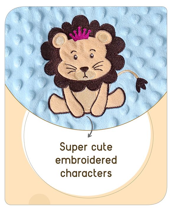 Babyhug Velvet Lion Embroidered Lightweingt Bubble Blanket - Blue