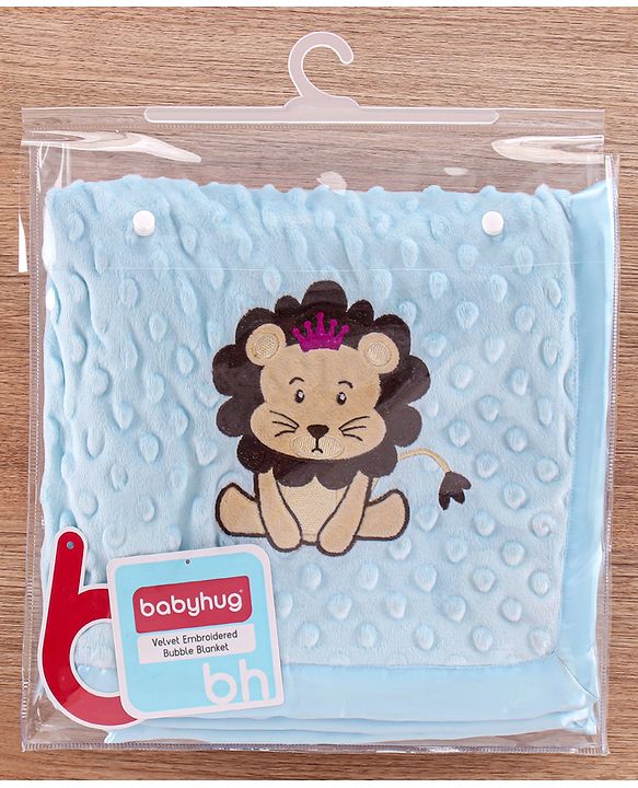 Babyhug Velvet Lion Embroidered Lightweingt Bubble Blanket - Blue