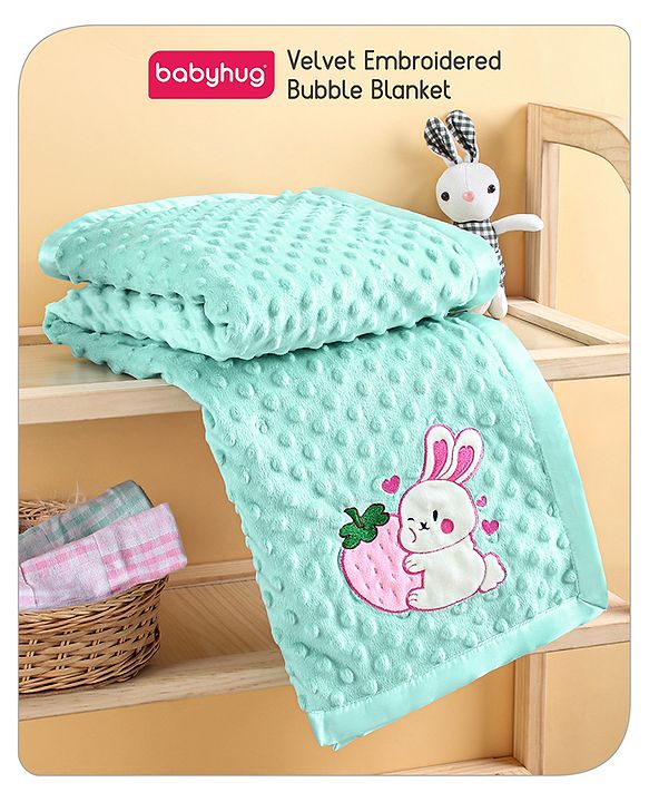 Babyhug Velvet Lion Embroidered Lightweingt Bubble Blanket - Blue