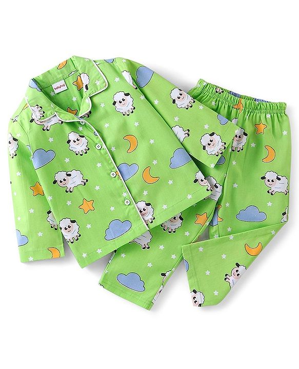 Babyhug Cotton Woven Full Sleeves Night Suit Sheep Print - Green