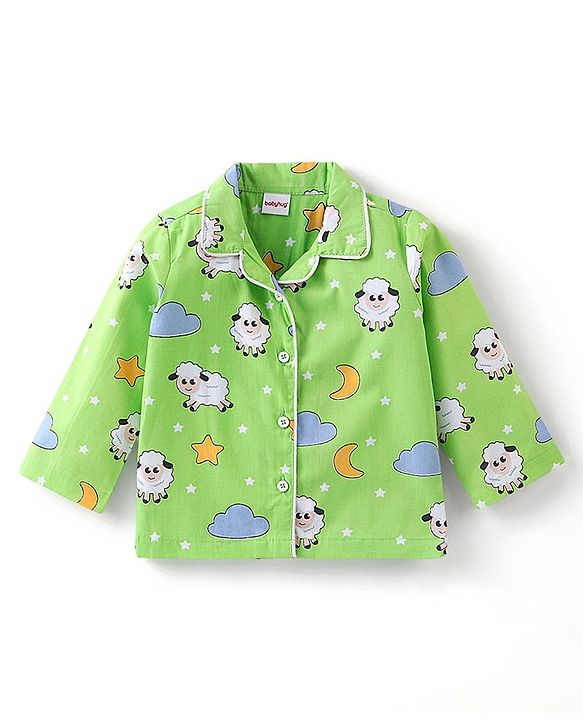 Babyhug Cotton Woven Full Sleeves Night Suit Sheep Print - Green