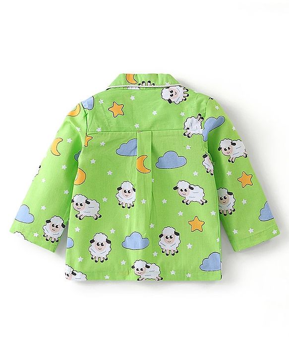 Babyhug Cotton Woven Full Sleeves Night Suit Sheep Print - Green