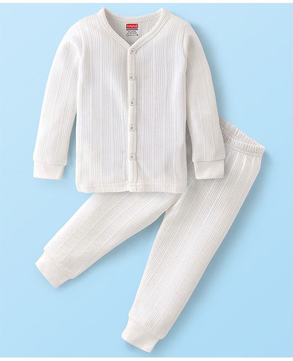 Babyhug Cotton Full Sleeves Thermal Wear Set Solid Colour - White