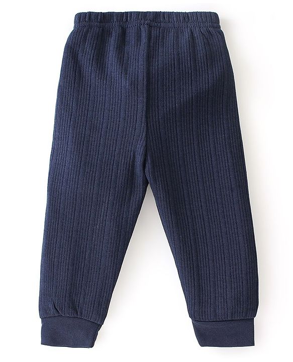 Babyhug Front Open Full Sleeves Solid Textured Thermal Vest & Pajama Set - Navy Blue