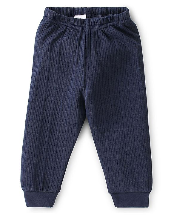Babyhug Front Open Full Sleeves Solid Textured Thermal Vest & Pajama Set - Navy Blue