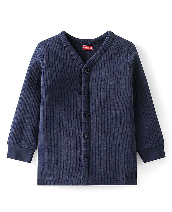 Babyhug Front Open Full Sleeves Solid Textured Thermal Vest & Pajama Set - Navy Blue