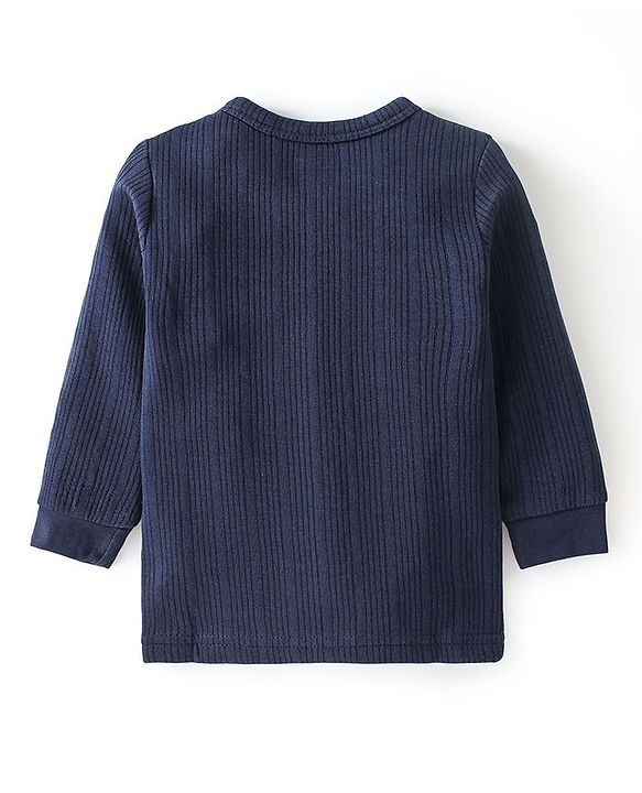 Babyhug Front Open Full Sleeves Solid Textured Thermal Vest & Pajama Set - Navy Blue