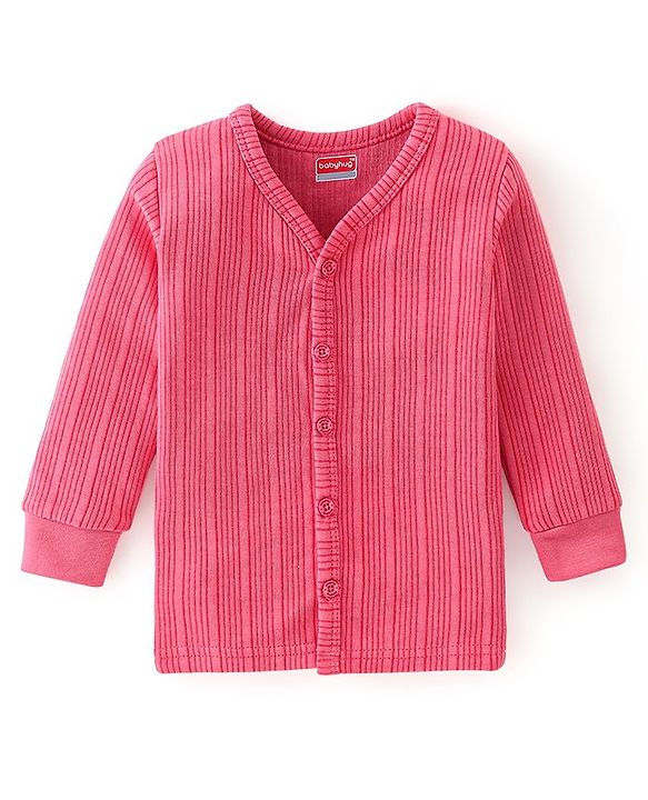 Babyhug Full Sleeves Solid Textured Thermal Vest & Pajama Set -Coral