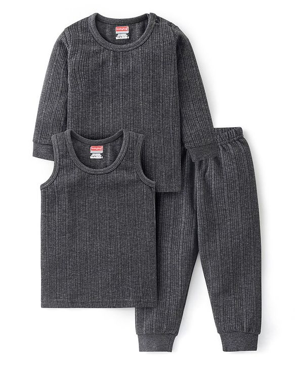 Babyhug Thermal Full Sleeves Solid Vest Sando & Pajama Set - Dark Grey