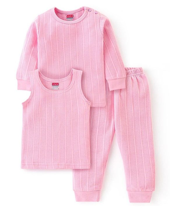 Babyhug Cotton Full Sleeves Solid Thermal Vests & Pajama Set -Pink