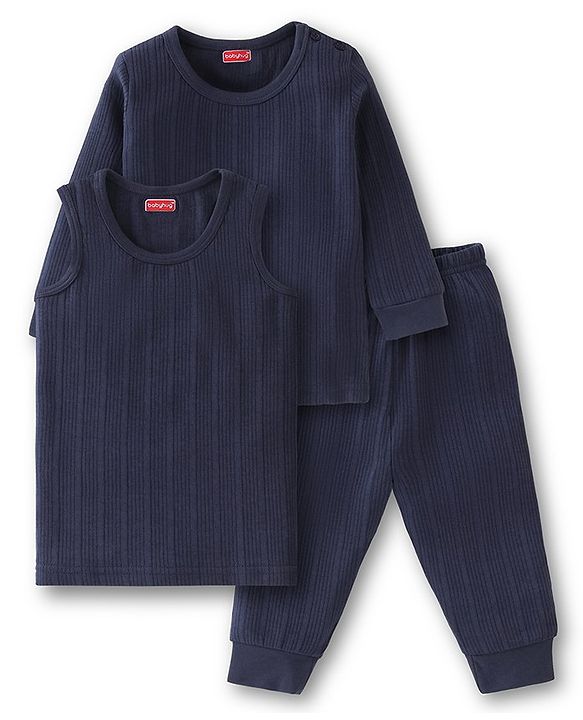 Babyhug Cotton Full Sleeves Pullover Vest & Pant Thermal Wear Solid Color - Navy Blue