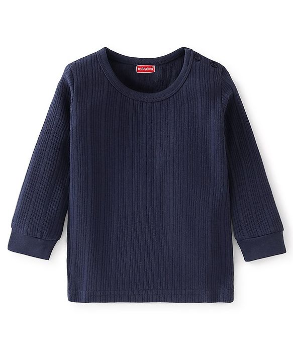 Babyhug Cotton Full Sleeves Pullover Vest & Pant Thermal Wear Solid Color - Navy Blue