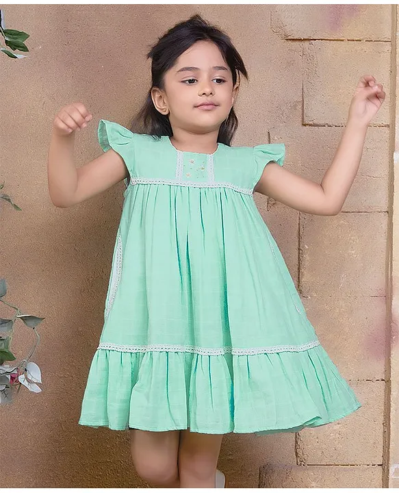 Buy Soleilclo Flutter Sleeves Hand Embroidered Gauze And Gathered Dress  Aqua Blue for Girls (6-7Years) Online in India, Shop at  -  14030601