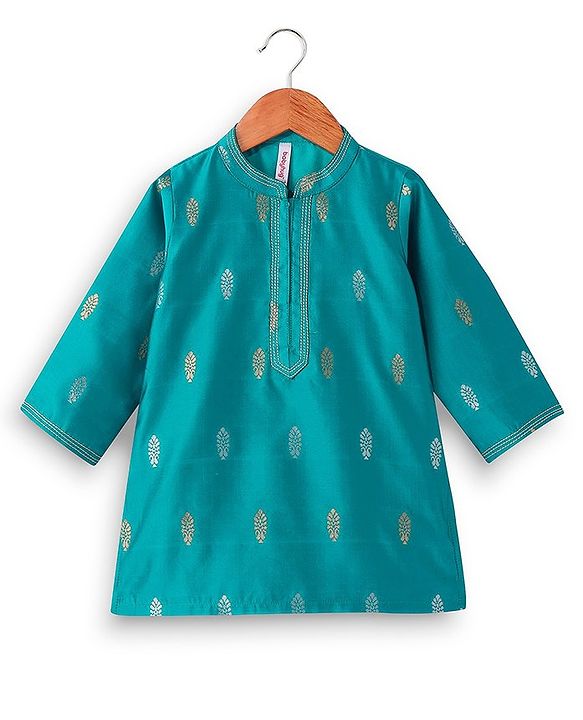 Babyhug Woven Full Sleeves Foil Printed Kurta & Dhoti Set - Turquoise