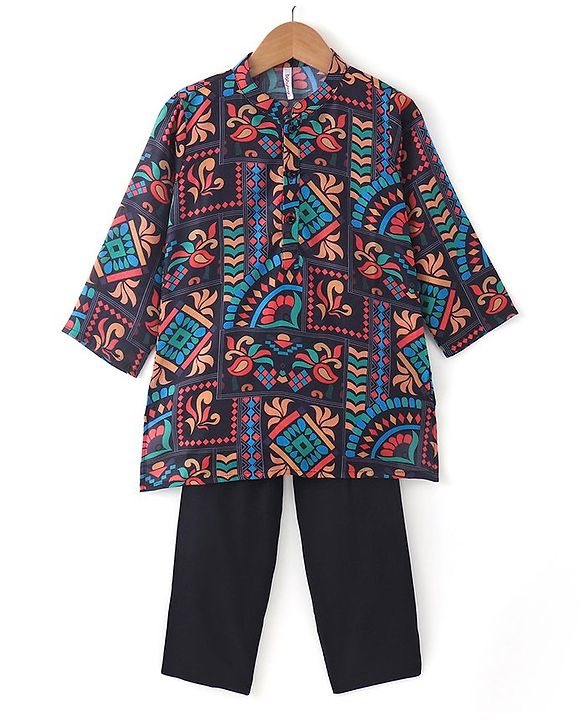 Babyhug 100% Cotton Woven Full Sleeves Kolka Printed Kurta Pajama Set - Multicolour