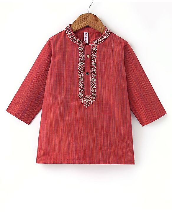 Babyhug Full Sleeves Solid Kurta Pyjama Set - Orange & Red