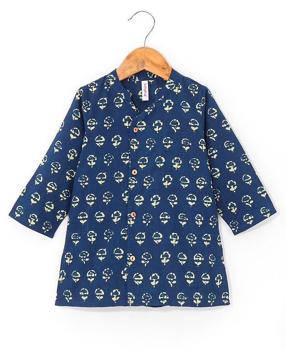 Babyhug 100% Cambric Full Printed Front Open Kurta With Dhoti Set- Indigo