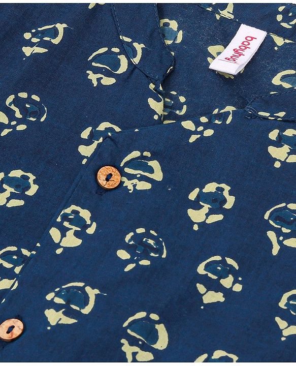 Babyhug 100% Cambric Full Printed Front Open Kurta With Dhoti Set- Indigo
