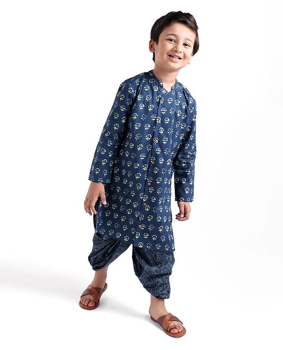 Babyhug 100% Cambric Full Printed Front Open Kurta With Dhoti Set- Indigo