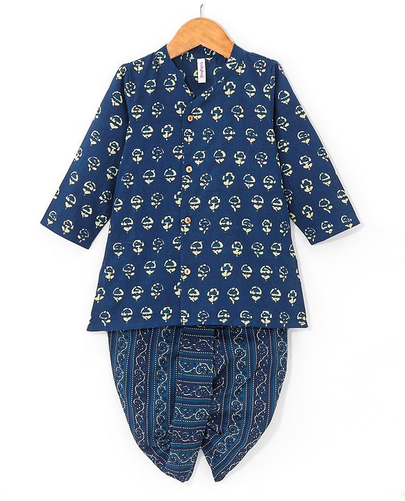 Babyhug 100% Cambric Full Printed Front Open Kurta With Dhoti Set- Indigo