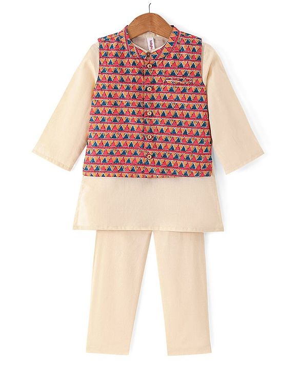 Babyhug Cotton Woven Full Sleeves Kurta & Pajama Set with Coat Chevron Print - Cream