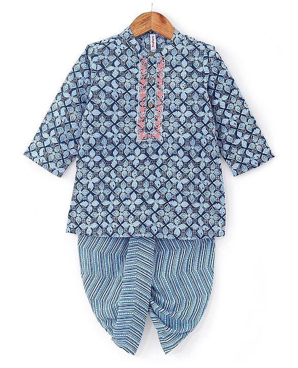 Babyhug 100% Cotton Full Sleeves Woven Floral Printed Kurta Dhoti Set - Blue