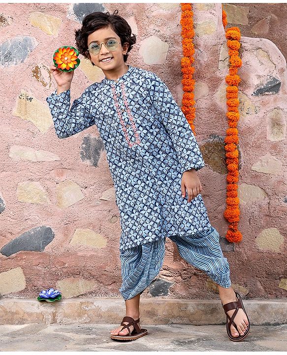 Babyhug 100% Cotton Full Sleeves Woven Floral Printed Kurta Dhoti Set - Blue