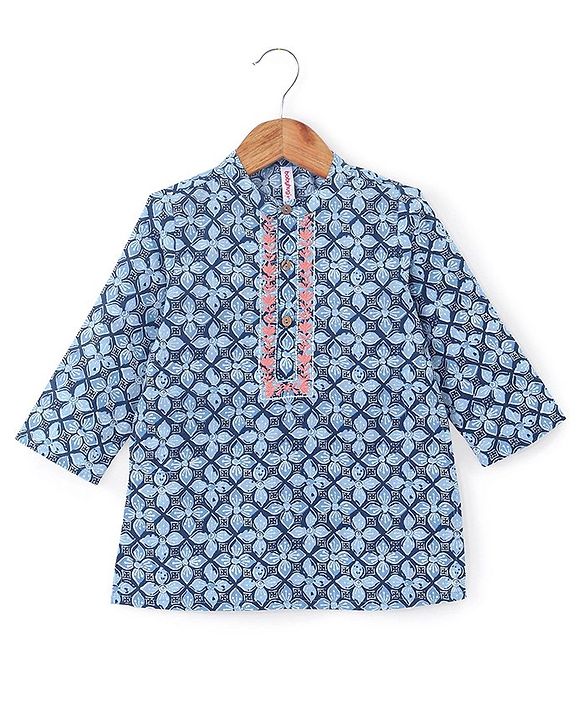 Babyhug 100% Cotton Full Sleeves Woven Floral Printed Kurta Dhoti Set - Blue
