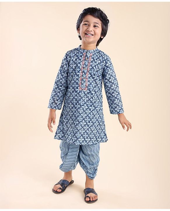 Babyhug 100% Cotton Full Sleeves Woven Floral Printed Kurta Dhoti Set - Blue