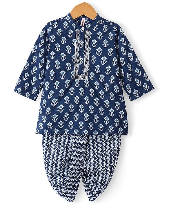 Babyhug Cotton Woven Full Sleeves Kurta & Chevron Printed Dhoti - Navy Blue