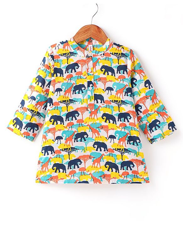 Babyhug 100% Cotton Woven Full Sleeves Kurta Animal Print - Yellow