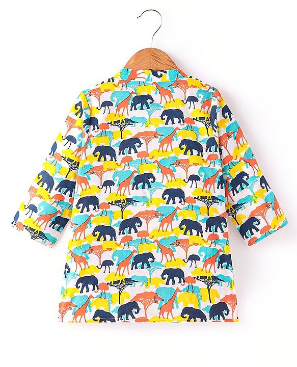 Babyhug 100% Cotton Woven Full Sleeves Kurta Animal Print - Yellow