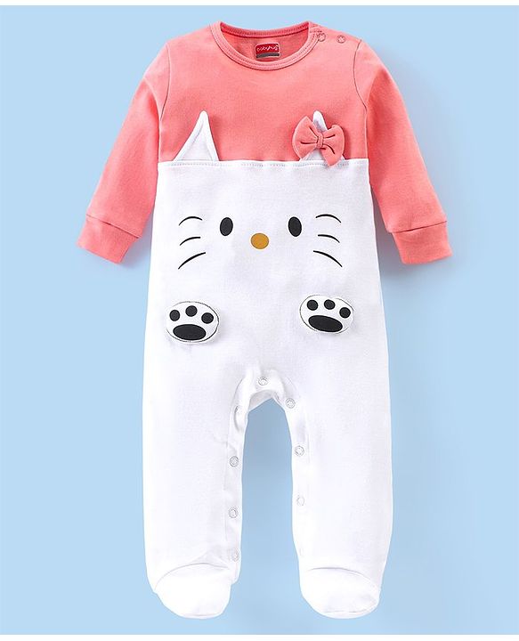 Babyhug Cotton Knit Full Sleeves Kitty Applique Footed Sleepsuit - White & Pink