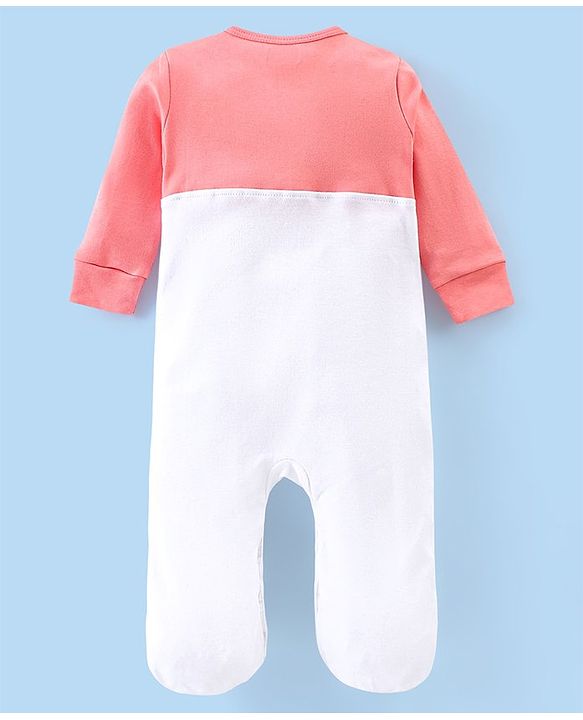 Babyhug Cotton Knit Full Sleeves Kitty Applique Footed Sleepsuit - White & Pink