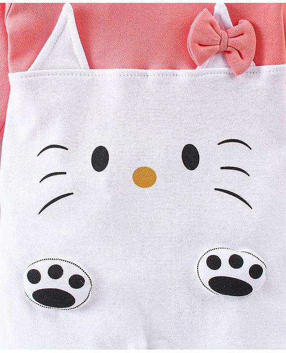 Babyhug Cotton Knit Full Sleeves Kitty Applique Footed Sleepsuit - White & Pink