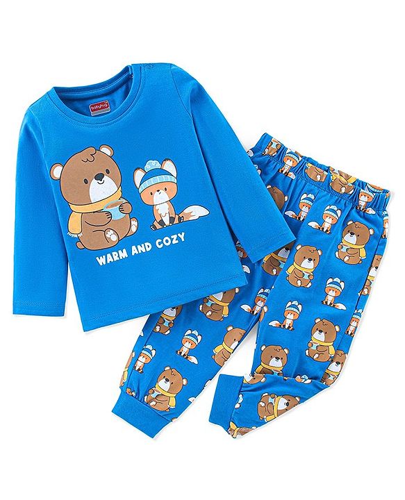 Babyhug Cotton Knit Full Sleeves Teddy Printed Night Suit - Blue