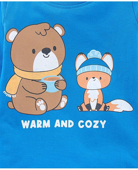 Babyhug Cotton Knit Full Sleeves Teddy Printed Night Suit - Blue