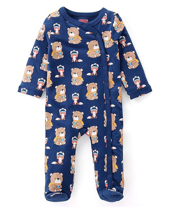 Babyhug Cotton Knit Full Sleeves Bear Printed Footed Sleep Suit - Blue