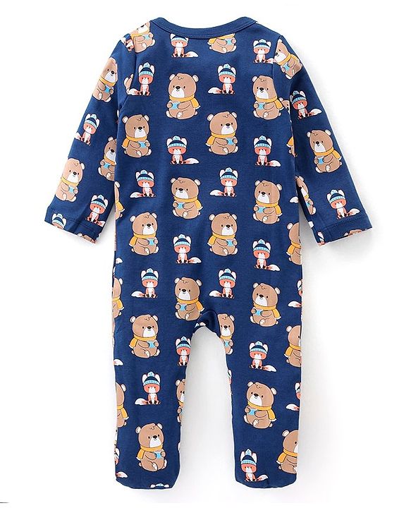 Babyhug Cotton Knit Full Sleeves Bear Printed Footed Sleep Suit - Blue