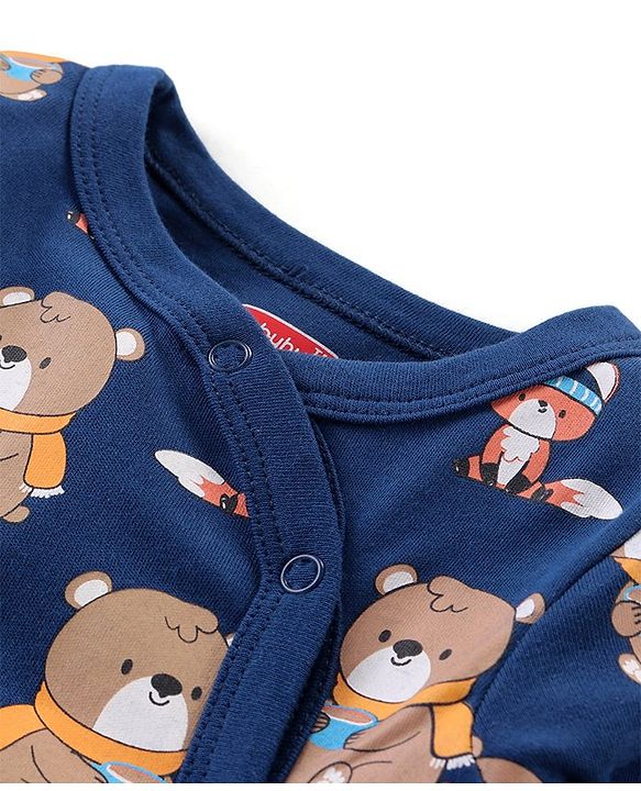 Babyhug Cotton Knit Full Sleeves Bear Printed Footed Sleep Suit - Blue