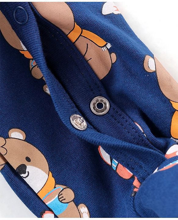 Babyhug Cotton Knit Full Sleeves Bear Printed Footed Sleep Suit - Blue
