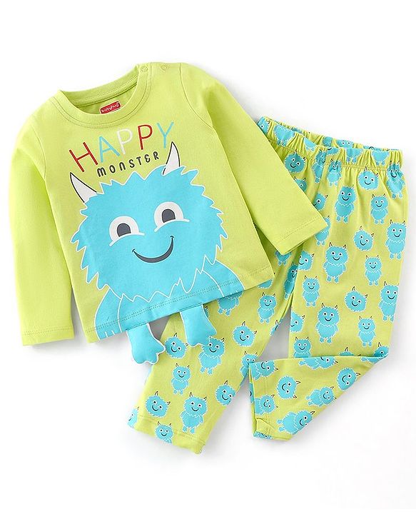 Babyhug Cotton Knit Full Sleeves Monster Printed Night Suit - Green