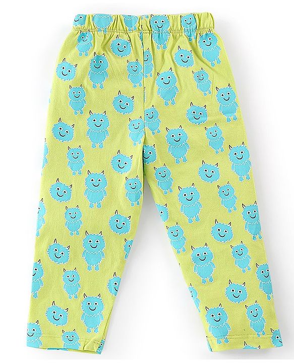 Babyhug Cotton Knit Full Sleeves Monster Printed Night Suit - Green